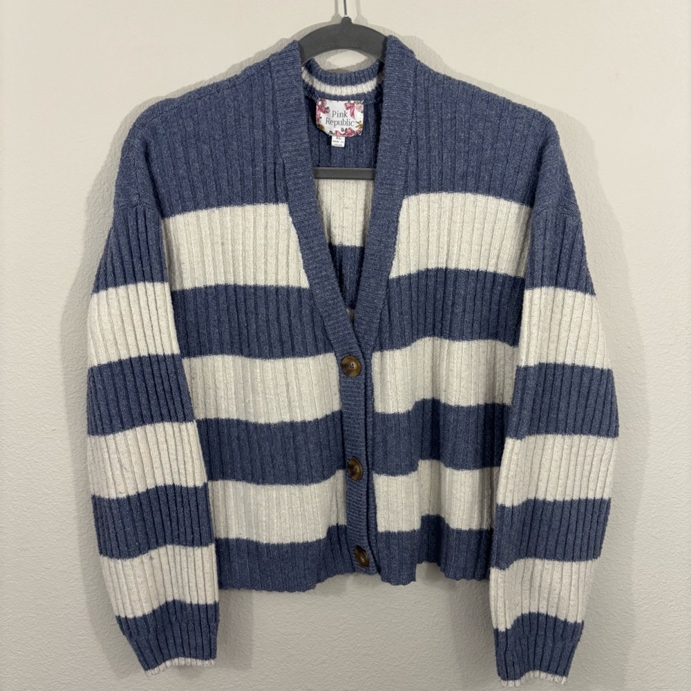 Pink Republic Blue and White Striped Cardigan Sweater Sz XL Cozy Cottagecore